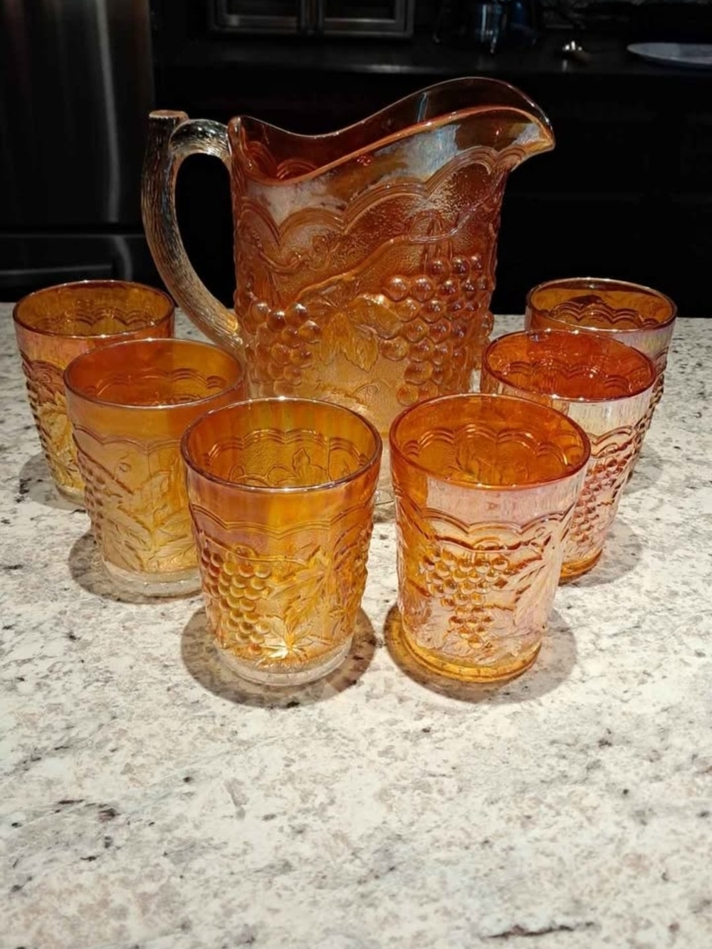 Vintage Imperial Glass Marigold Carnival Glass Pitcher and Tumbler Set -7 Piece